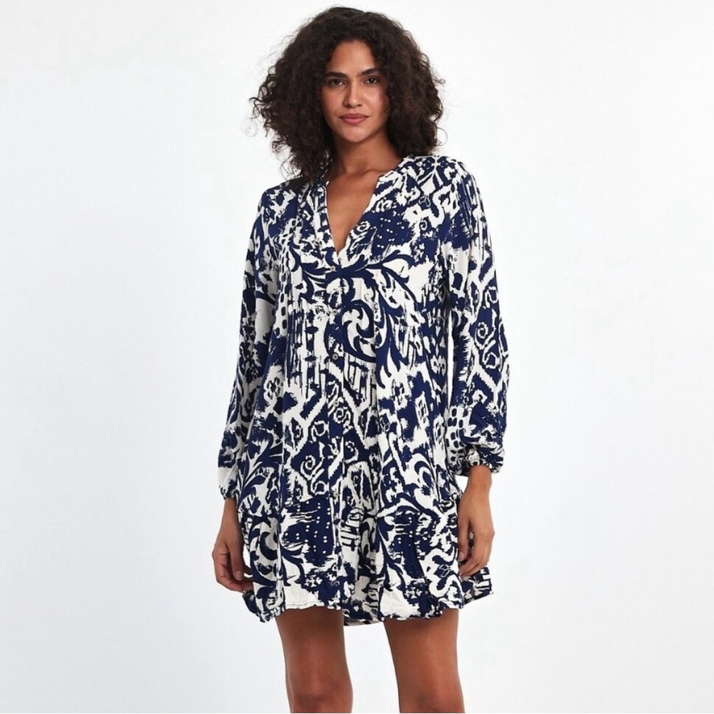 Zara Blue and White Long sleeve Dress with Buttons, Small
